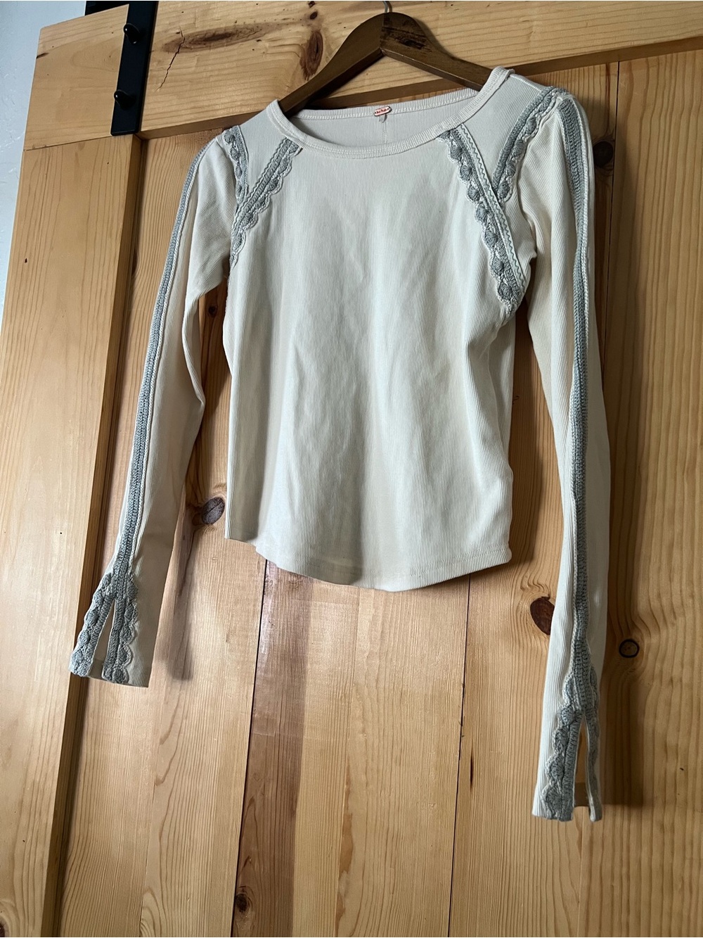 Free People Cream Long Sleeve Lace-Trim Top